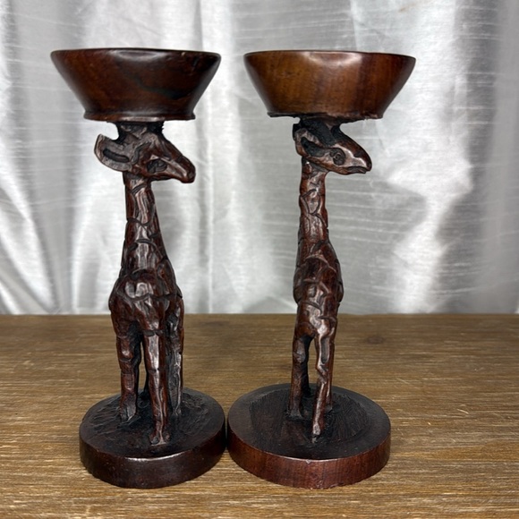 Vintage Art Deco Wooden Giraffe 6” Candle Holder Hand Carved Dark Wood Set of 2 - Picture 2 of 10